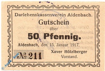 Notgeld Aidenbach , 50 Pfennig Schein , Tieste 0025.05.36 , 1917 , Bayern Verkehrsausgabe