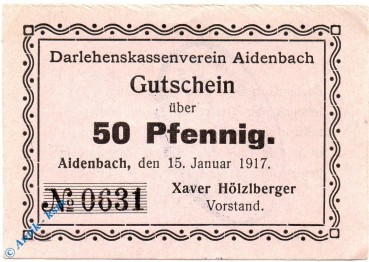 Notgeld Aidenbach , 50 Pfennig Schein , Tieste 0025.05.51 , 1917 , Bayern Verkehrsausgabe