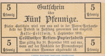 Notgeld Aktien Papierfabrik Halle-Cröllwitz 2745.05.15 , 5 Pfennig Schein in kfr. von 1919 , Sachsen Anhalt Verkehrsausgabe