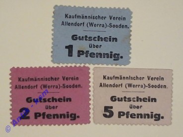 Notgeld Allendorf Sooden , Kaufmännischer Verein , vollständiger Satz mit 3 Scheinen , Hessen , Verkehrsausgabe , Tieste 0040.01 bis 03