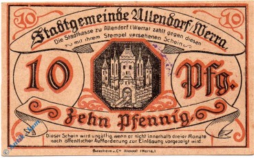 Notgeld Allendorf Werra , Einzelschein über 10 Pfennig , Tieste 0035.05.40 , Hessen Verkehrsausgabe