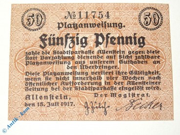 Notgeld Allenstein , 50 Pfennig Schein , Tieste 0045.10.03 , von 1917 , Ostpreußen Verkehrsausgabe