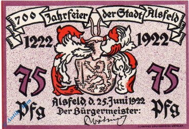 Notgeld Alsfeld , 75 Pfennig Schein Nr 1 , Mehl Grabowski 16.1 , von 1922 , Hessen Seriennotgeld