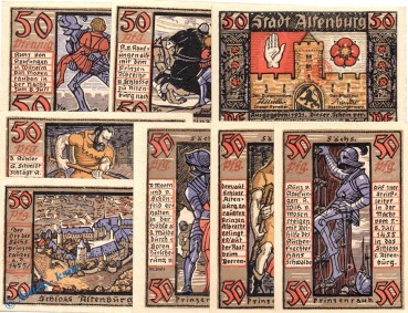 Notgeld Altenburg , Prinzenraubserie 2 Us , Set mit 8 Scheinen in kfr. Mehl Grabowski 21.1 b , von 1921 , Thüringen Seriennotgeld