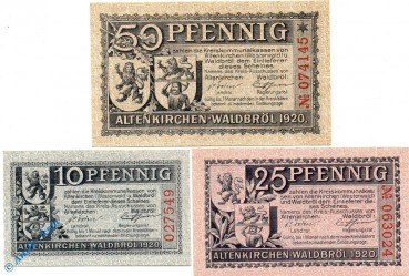 Notgeld Altenkirchen Waldbröl , Set mit 3 Scheinen , Tieste 0060.05.01 bis 03 , von 1920 , Rheinland Verkehrsausgabe