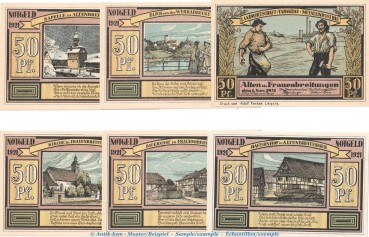 Notgeld Alten und Frauenbreitungen 18.1 , Set mit 6 Scheinen in kfr. von 1921 , Thüringen Seriennotgeld