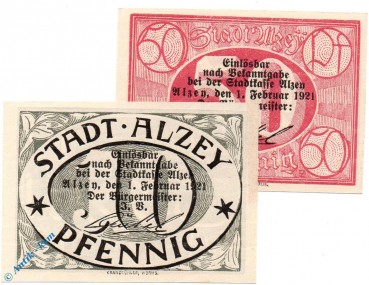 Notgeld Alzey , Set mit 2 Scheinen , Tieste 0100.05.10 und 11 , von 1921 , Hessen Verkehrsausgabe