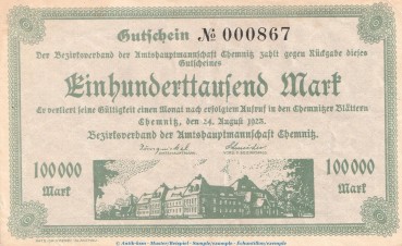 Notgeld Amtshauptmannschaft Chemnitz , 100.000 Mark Schein in gbr. Keller 741.a von 1923 , Sachsen Inflation