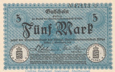 Notgeld Amtshauptmannschaft Flöha , 5 Mark Schein in kfr. Geiger 146.01 , 01.11.1918 , Sachsen Großnotgeld