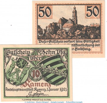 Notgeld Kamenz , Set mit 2 Scheinen , Tieste 3355.05.15 und 16 , von 1921 , Sachsen Verkehrsausgabe