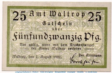 Notgeld Amt Waltrop 7690.05.40 , 25 Pfennig Schein in kfr. von 1921 , Westfalen Verkehrsausgabe