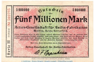 Notgeld Anilin Fabrikation Wolfen , 5 Millionen Mark in kfr. Keller 5697.e von 1923 , Sachsen Anhalt Inflation