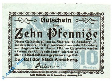 Notgeld Annaberg , 10 Pfennig Schein , Tieste 0145.15.02 , von 1918 , Sachsen Verkehrsausgabe