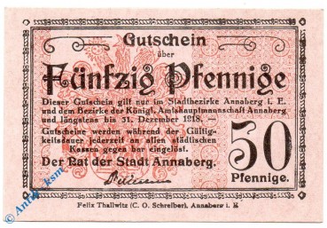 Notgeld Annaberg , 50 Pfennig Schein , Tieste 0145.15.03 , von 1918 , Sachsen Verkehrsausgabe