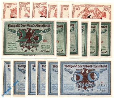 Notgeld Arnstadt , 3 Sets mit 18 Scheinen kfr. Mehl Grabowski 43.1 bis 3 , von 1921 , Thüringen Seriennotgeld