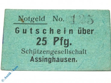 Notgeld Assinghausen , Schützengesellschaft , 25 Pfennig Schein , Tieste 0240.05.01 , Westfalen Verkehrsausgabe