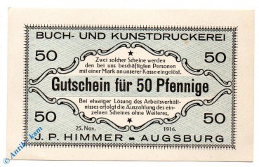 Notgeld Augsburg , J.P. Himmer , 50 Pfennig Schein , Tieste 0260.35.43 , von 1916 , Bayern Verkehrsausgabe