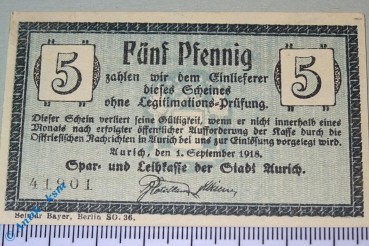 Notgeld Aurich , Sparkasse , 5 Pfennig Schein , Tieste 0270.10.15 , von 1918 , Niedersachsen Verkehrsausgabe