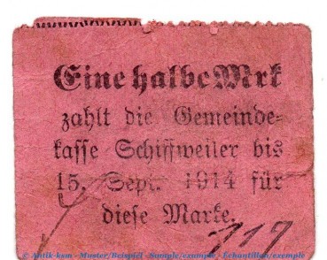 Notgeld Bürgermeisteramt Schiffweiler , 1 halbe Mark Schein in gbr , Dießner 354.1.b von 1914 , Rheinland Notgeld 1914-15