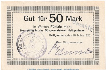 Notgeld Bürgermeisterei Heiligenhaus , 50 Mark Schein in kfr.E , Geiger 229.04 von 1920 , Rheinland Grossnotgeld