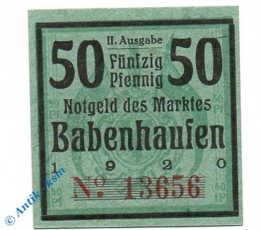 Notgeld Babenhausen , 50 Pfennig Schein Fehldruck , Tieste 0275.05.30.F , von 1920 , Bayern Verkehrsausgabe