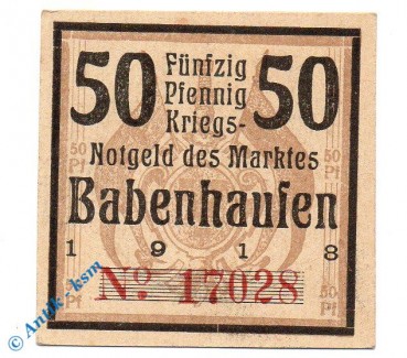 Notgeld Markt Babenhausen 0275.05.05 , 50 Pfennig Schein in kfr. von 1918 , Bayern Verkehrsausgabe