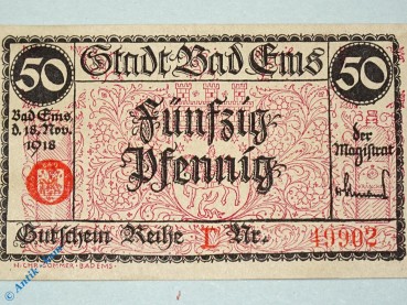 Notgeld Bad Ems , 50 Pfennig Schein , Tieste 1715.05.02 , von 1918 , Hessen Verkehrsausgabe