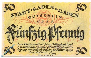 Notgeld Baden Baden , 50 Pfennig Schein , Tieste 0285.05.01 , von 1919 , Baden Verkehrsausgabe