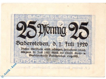 Notgeld Badersleben , 25 Pfennig Schein  , Tieste 0260.05.20 , von 1920 , Sachsen Verkehrsausgabe