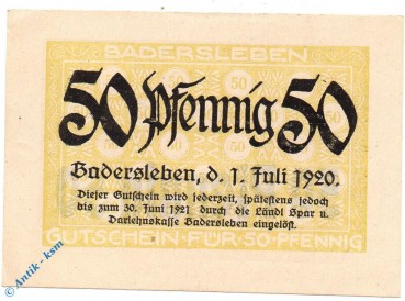 Notgeld Badersleben , 50 Pfennig Schein  , Tieste 0260.05.21 , von 1920 , Sachsen Verkehrsausgabe