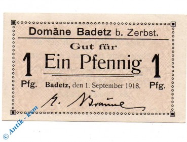 Notgeld Badetz bei Zerbst , 1 Pfennig Schein , Tieste 0295.05.01 , von 1918 , Anhalt Verkehrsausgabe