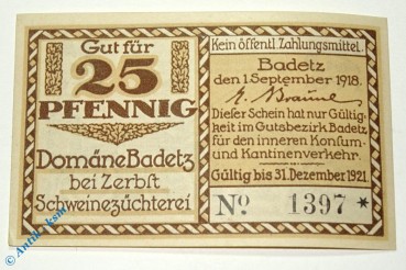 Notgeld Badetz bei Zerbst , Schein über 25 Pfennig braun , Mehl Grabowski 59.1 , von 1918 , Sachsen Anhalt Seriennotgeld