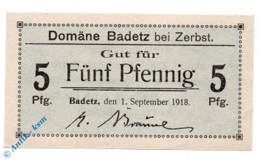 Notgeld Badetz bei Zerbst , 5 Pfennig Schein , Tieste 0295.05.03 , von 1918 , Anhalt Verkehrsausgabe