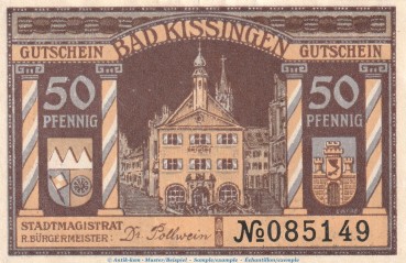 Notgeld Bad Kissingen , 50 Pfennig Schein in kfr. Tieste 3505.05.20 , von 1919 , Bayern Verkehrsausgabe