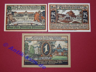 Notgeld Bad Oeynhausen, W. Klütsch Hotel Fürstenhof , Nordrhein Westfalen , vollständiger Satz mit 3 Scheinen in kassenfrischer Erhaltung , Seriennotgeld , 1009.1 und 2 , von 1921 und 1922