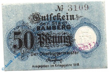 Notgeld Bamberg , 50 Pfennig Kn schwarz , Tieste 0310.05.10.3 , von 1918 , Bayern Verkehrsausgabe