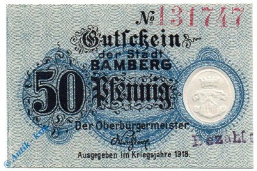 Notgeld Bamberg , 50 Pfennig Schein , Tieste 0310.05.10.2 , von 1918 , Bayern Verkehrsausgabe