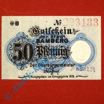 Notgeld Bamberg , Schein über 50 Pfennig , Tieste 0310.20 , Bayern Verkehrsausgabe