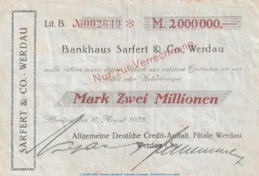 Notgeld Bankhaus Sarfert und Co. Werdau , 2 Millionen Mark Scheck in gbr. Keller 5546.b von 1923 , Sachsen Inflation