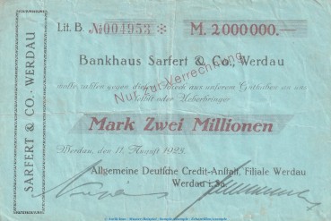 Notgeld Bankhaus Sarfert Werdau , 2 Millionen Mark Scheck -blau- gbr. Keller 5546.b von 1923 , Sachsen Inflation