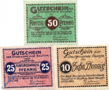 Notgeld Bautzen , Set mit 3 Scheinen , Tieste 0360.20.20 bis 22 , von 1920 , Sachsen Verkehrsausgabe