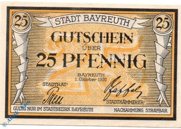 Notgeld Bayreuth , 25 Pfennig Schein , Tieste 0365.05.10 , von 1920 , Bayern Verkehrsausgabe