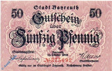 Notgeld Bayreuth , 50 Pfennig Schein kfr , Tieste 0365.05.05 , von 1918 , Bayern Verkehrsausgabe