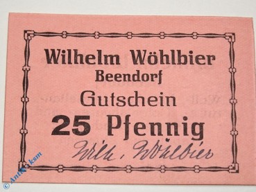 Notgeld Beendorf , 25 Pfennig Schein , Wöhlbier , Tieste 0375.10.02 b , Niedersachsen Verkehrsausgabe