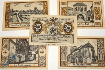 Notgeld Belgard a. Persante , Satz mit 5 Scheinen kfr. Mehl Grabowski 69.1 , von 1921 , Pommern Seriennotgeld