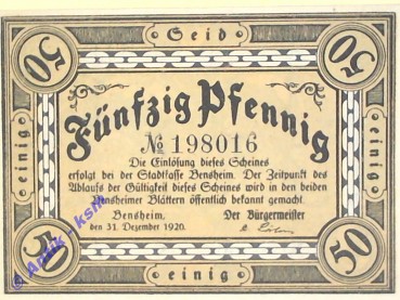 Notgeld Bensheim , Wasserzeichen - Zickzacklinien , vollständiger Satz mit 1 Schein über 50 Pfennig , Hessen , Verkehrsausgabe , Tieste 0415.10 , von 1920