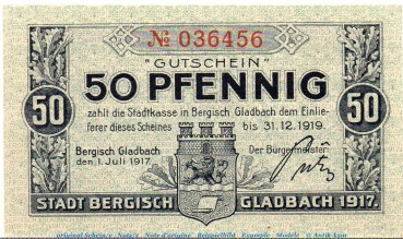 Notgeld Bergisch Gladbach 0445.05.03 , 50 Pfennig Schein in kfr. von 1917 , Rheinland Verkehrsausgabe