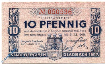 Notgeld Bergisch Gladbach , 10 Pfennig Schein , Tieste 0445.05.01 , von 1917 , Rheinland Verkehrsausgabe