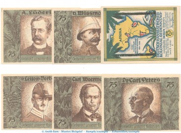 Notgeld Berlin Kolonialpioniere 88.4 , Set 6 -vertauschte Bilder- in kfr. von 1921 , Brandenburg Seriennotgeld