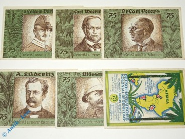 Notgeld Berlin Kolonialpioniere , Set mit 6 Scheinen weiß und glatt , Mehl Grabowski 88.7 , von 1921 , Brandenburg Seriennotgeld